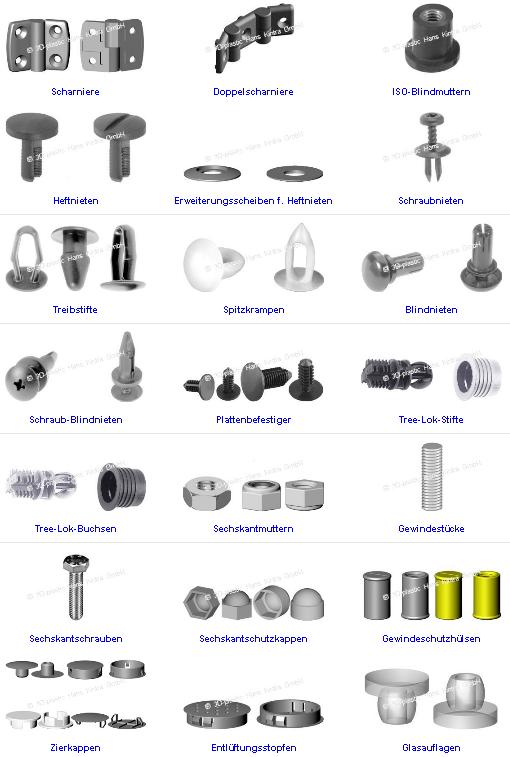 Scharniere, Doppelscharniere, ISO-Blindmuttern, Heftnieten, Erweiterungsscheiben f. Heftnieten, Schr
