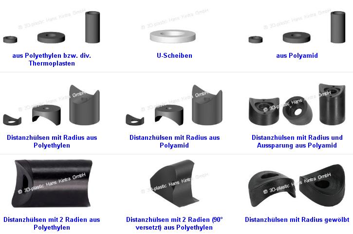 U-Scheiben, Distanzhülsen mit Radius und Aussparung, Distanzhülsen mit 2 Radien, Distanzhülsen mit R